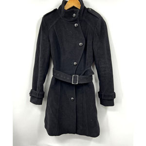 Cole Haan Womens Coat‎ Size 4 Button Front Belted Trench Wool Blend Black